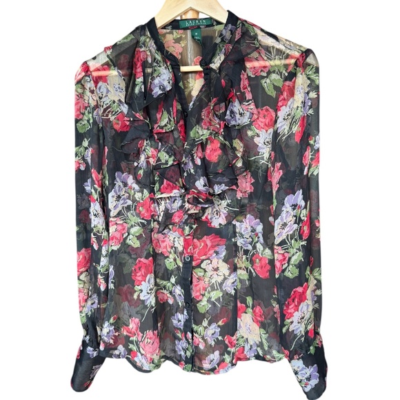 Lauren Ralph Lauren Black Floral Button Front Sheer Blouse Sz M - Picture 2 of 6